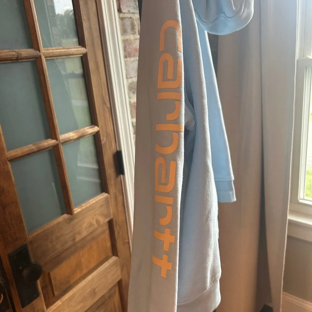 Carhartt Hoodie Women 2X Baby Blue Relaxed Fit Logo Arm Graphic Pullover FLAW